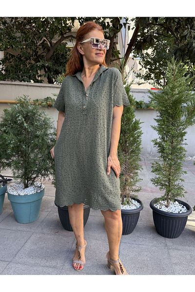 DenizEge Rochie Midi Guipure (cu buzunar) Kaki