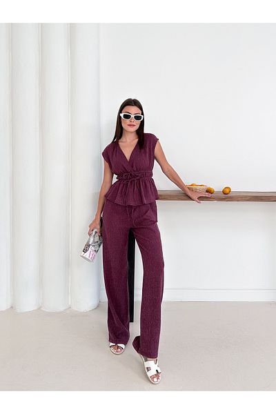 Cistern İstanbul Women's Burgundy Waist Drawstring and Lace Detailed Blouse Pants Set