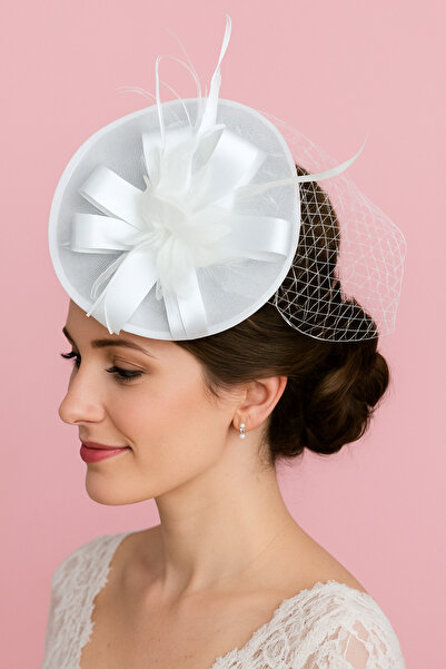 Bittox Pălărie elegantă de mireasă albă - Detaliu din tul și panglică - Desig...