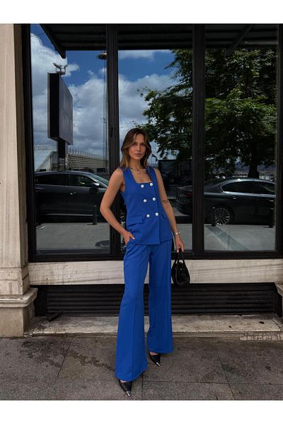 AlisaSu Stone Button Square Collar Vest Pants Suit