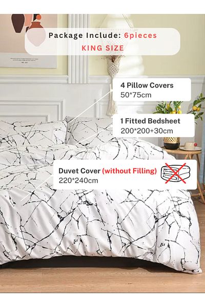 LUNA HOME 6 piece king size bed linen set in Scandinavian style with marble pattern 220x240cm.