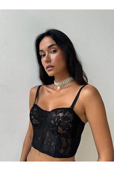 Store Siyah Simli Balenli Desteksiz Büstiyer Sütyen Takımı Korse Büstiyer