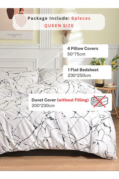 LUNA HOME 6 piece queen size bed linen set in Scandinavian style with marble pattern 200x230cm.