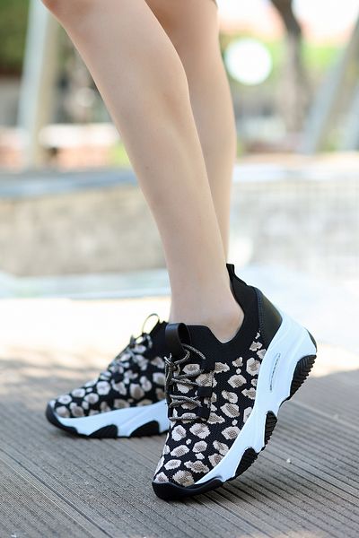 kajal ayakkabı Dnr 620 Stone Laced Leopard Patterned Knitwear Shoes