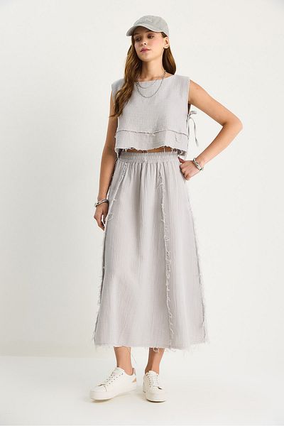 Bianco Lucci Women's Elastic Waist Skirt with Side Tie Detail Crop Muslin Bottom-Top Set 60283236