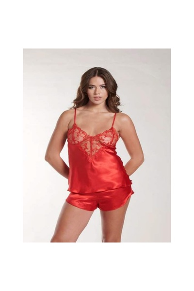 MİRALİVE Marsilyan- Red Lace Detailed Thin Strap Satin Shorts Suit
