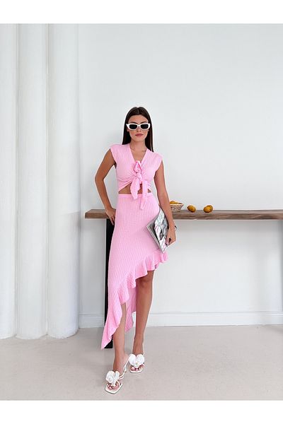 Cistern İstanbul Women's Pink Front Tie Detail Crop and Ruffle Skirt Double Set