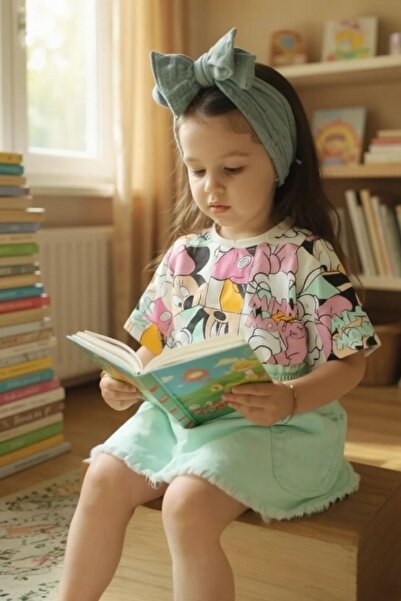 morbella Girl's 2-Piece Set Character Patterned T-Shirt and Pink Denim Skirt