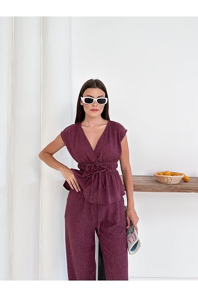 Cistern İstanbul Women's Burgundy Waist Drawstring and Lace Detailed Blouse Pants Set