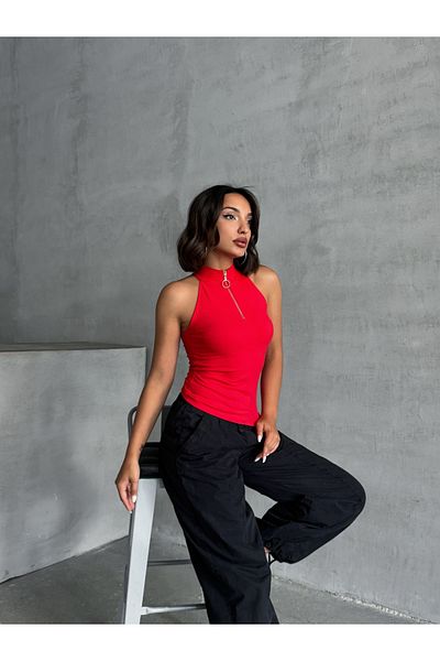 MELA ROSSA Women's Red Stand Collar Zipper Sleeveless Viscose Elasthane Camisole Blouse