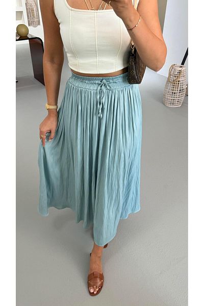 Sezgi Tekin Waist Elastic Wrinkled Texture Satin Midi Turquoise Skirt