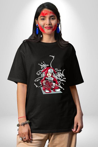 Angemiel Love and Innocence of Art Graffiti Rabbit Black Oversize Women's Men's Front Printed T-Shirt