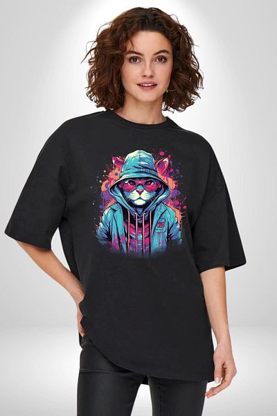 Angemiel Cool Graffiti Art Cat Themed Black Oversize Women's Men's Front Printed T-Shirt