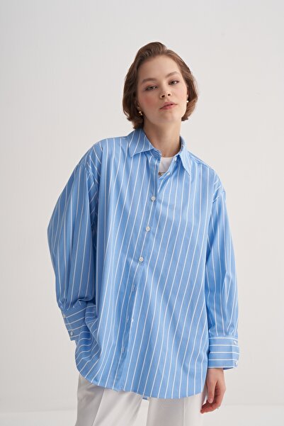 EBU Prive Γυναικείο πουκάμισο Poplin oversized με ρόμπα ριγέ μπλε