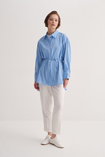 EBU Prive Γυναικείο πουκάμισο Poplin oversized με ρόμπα ριγέ μπλε