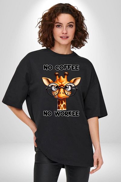 Angemiel I Can'T Work Without Coffee Giraffe Funny Design Black Oversize Women's Men's Front Printed T-Shirt