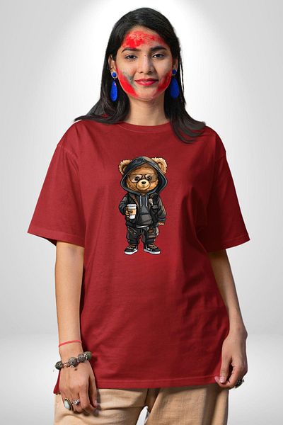 Angemiel Comfortable and Stylish Coffee Cafe Teddy Bear Red Oversize Women's Men's Front Printed T-Shirt