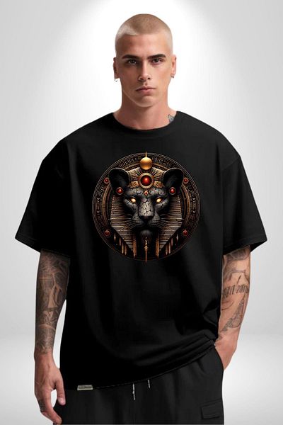 Angemiel Menhit Goddess of War, Protection and Hunting Black Oversize Women's Men's Front Printed T-Shirt