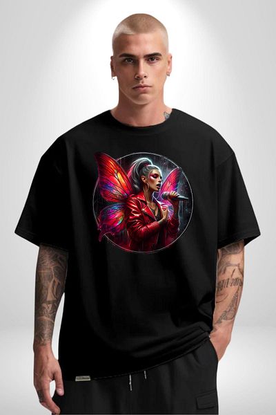 Angemiel Neon Butterfly Wings Microphone Young Girl Black Oversize Women Men Front Printed T-Shirt