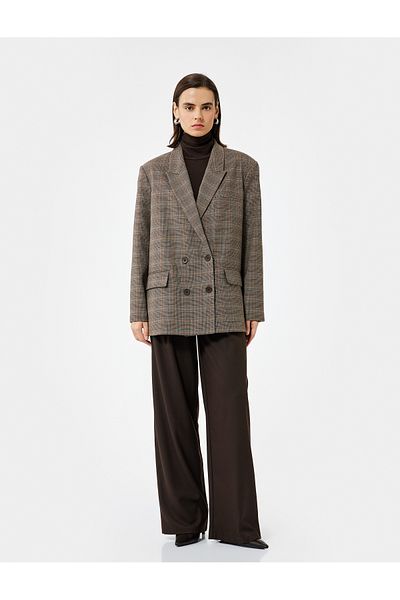 Koton Buttoned Long Sleeve Double Breasted Plaid Blazer Jacket with Flap Pocket Detail