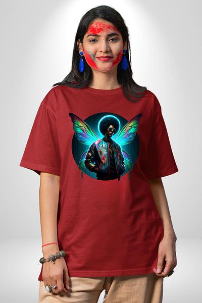 Angemiel Modern Men's Red Oversize Women's Men's Front Printed T-Shirt with Glasses and Wings