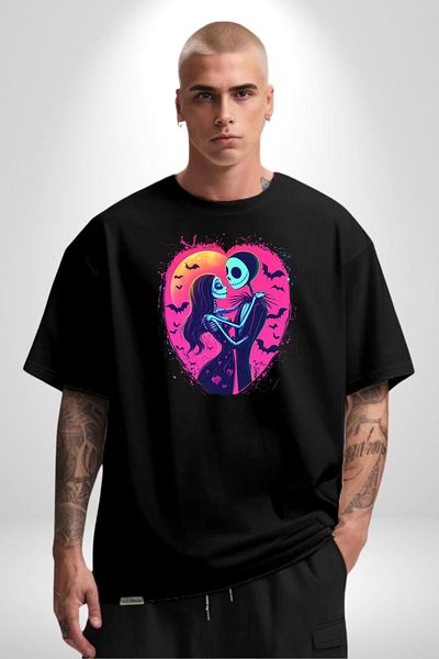 Angemiel Fear and Love Themed Jack & Sally Valentine's Day Black Oversize Women's Men's Front Printed T-Shirt