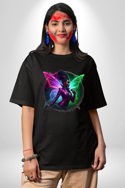 Angemiel Music Black Oversize Women Men Front Printed T-Shirt with Shiny Wings and Microphone