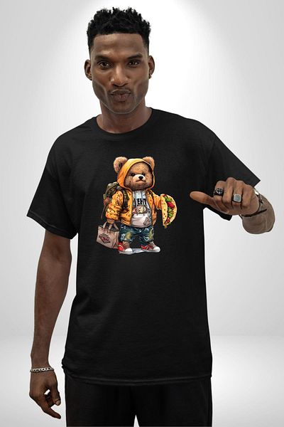 Angemiel Modern Style Backpack Teddy Bear Taco Teddy Black Oversize Women Men Front Printed T-Shirt