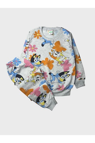Pajama Shop Girls' Cotton Fabric Hooded Gray Bluey Floral Patterned Long Sleeve Winter Pajama Set