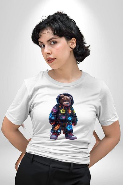 Angemiel Starry Night Bear Colorful Night Adventure White Oversize Women's Men's Front Printed T-Shirt