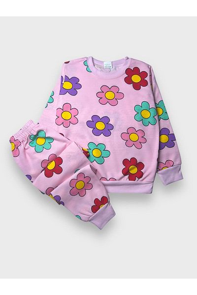 Pajama Shop Girls' Cotton Fabric Hooded Pink Flowers Patterned Long Sleeve Winter Pajamas Set