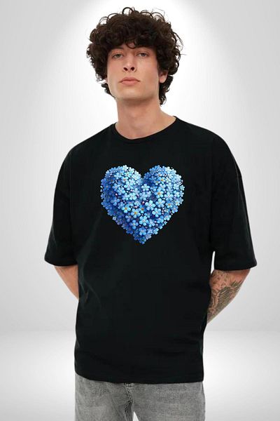 Angemiel Forget Me Not Flower Heart Collage Black Oversize Women's Men's Front Printed T-Shirt