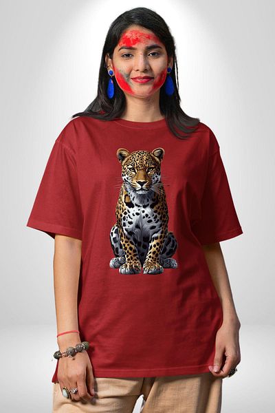 Angemiel Leopard Pattern Wild Animal Red Oversize Women's Men's Front Printed T-Shirt