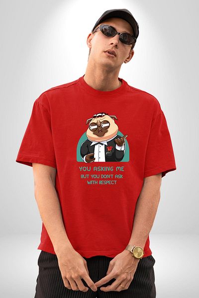 Angemiel Pug Who Deserves Respect a Mafia Dog Red Oversize Women's Men's Front Printed T-Shirt