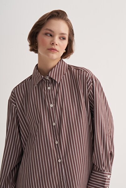 EBU Prive Γυναικείο πουκάμισο Poplin oversized με ρόμπα ριγέ καφέ