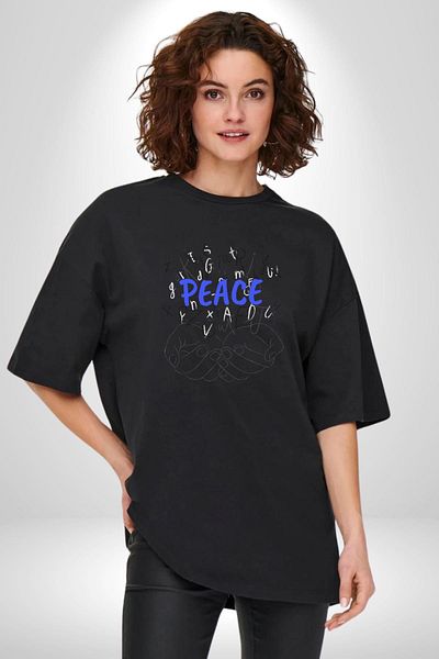 Angemiel Peace Themed Letters and Hand Illustration Black Oversize Women's Men's Front Printed T-Shirt
