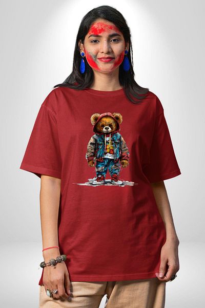 Angemiel Trendy Red Yellow Fan Teddy Bear Teddy Red Oversize Women's Men's Front Printed T-Shirt