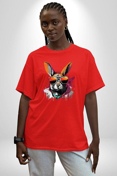 Angemiel Rebel Rabbit with Sunglasses Red Oversize Women's Men's Front Printed T-Shirt