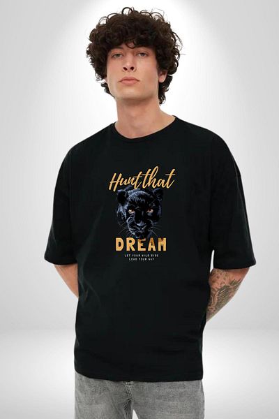 Angemiel Run after Your Dream Printed Black Panther Black Oversize Women's Men's Front Printed T-Shirt