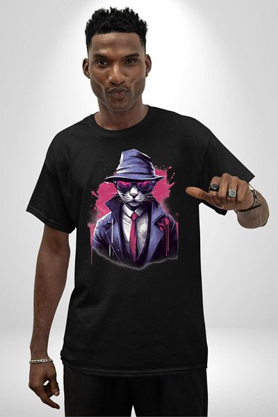 Angemiel Cool Detective Cat Black Oversize Women's Men's Front Printed T-Shirt
