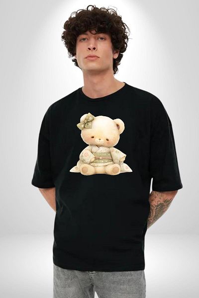 Angemiel Cute Teddy Bear in Pastel Tones Kimono Black Oversize Women's Men's Front Printed T-Shirt