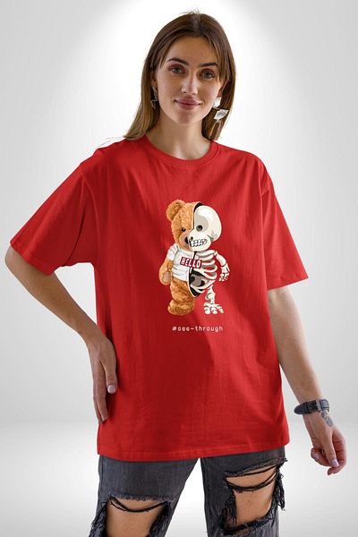 Angemiel Bear Teddy Show Your Real Face Skeleton Red Oversize Women Men Front Printed T-Shirt