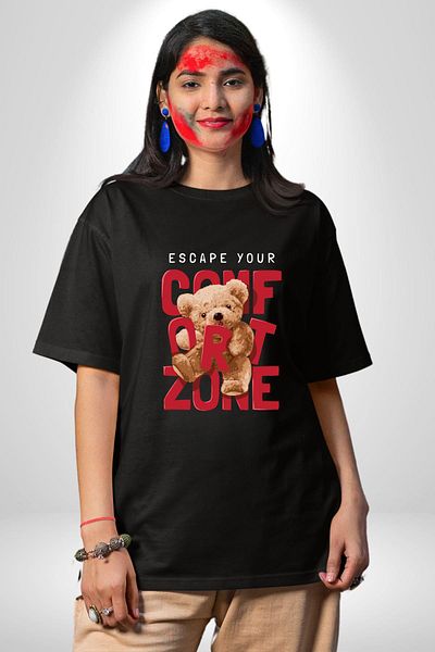 Angemiel Get Out of Comfort Zone Bear Design Black Oversize Women's Men's Front Printed T-Shirt