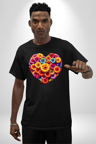 Angemiel Colorful Love Flowers Gerbera Daisy Black Oversize Women's Men's Front Printed T-Shirt