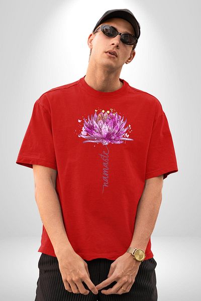 Angemiel Purple Lotus Flower and Namaste Written Yoga Red Oversize Women's Men's Front Printed T-Shirt