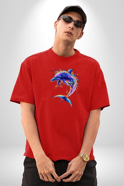 Angemiel Colorful Artistic Dolphin Neon Splash Red Oversize Women's Men's Front Printed T-Shirt