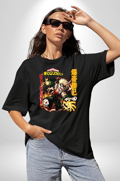 Angemiel Bakugo Katsuki – My Hero Academia Anime Black Oversize Women's Men's Front Printed T-Shirt