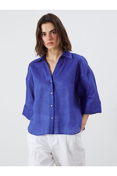 LC Waikiki Blue Oversize 100% Linen Women's Shirt