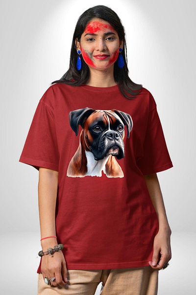 Angemiel Energetic Boxer Dog Design Red Oversize Women's Men's Front Printed T-Shirt