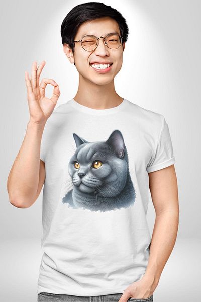 Angemiel تي شيرت مطبوع من الأمام للنساء والرجال باللون الأبيض من British Shorthair Cat